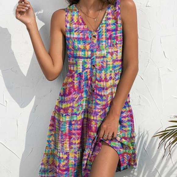 Red & Yellow Abstract Button-Front Sleeveless Dress - Picture 1 of 2